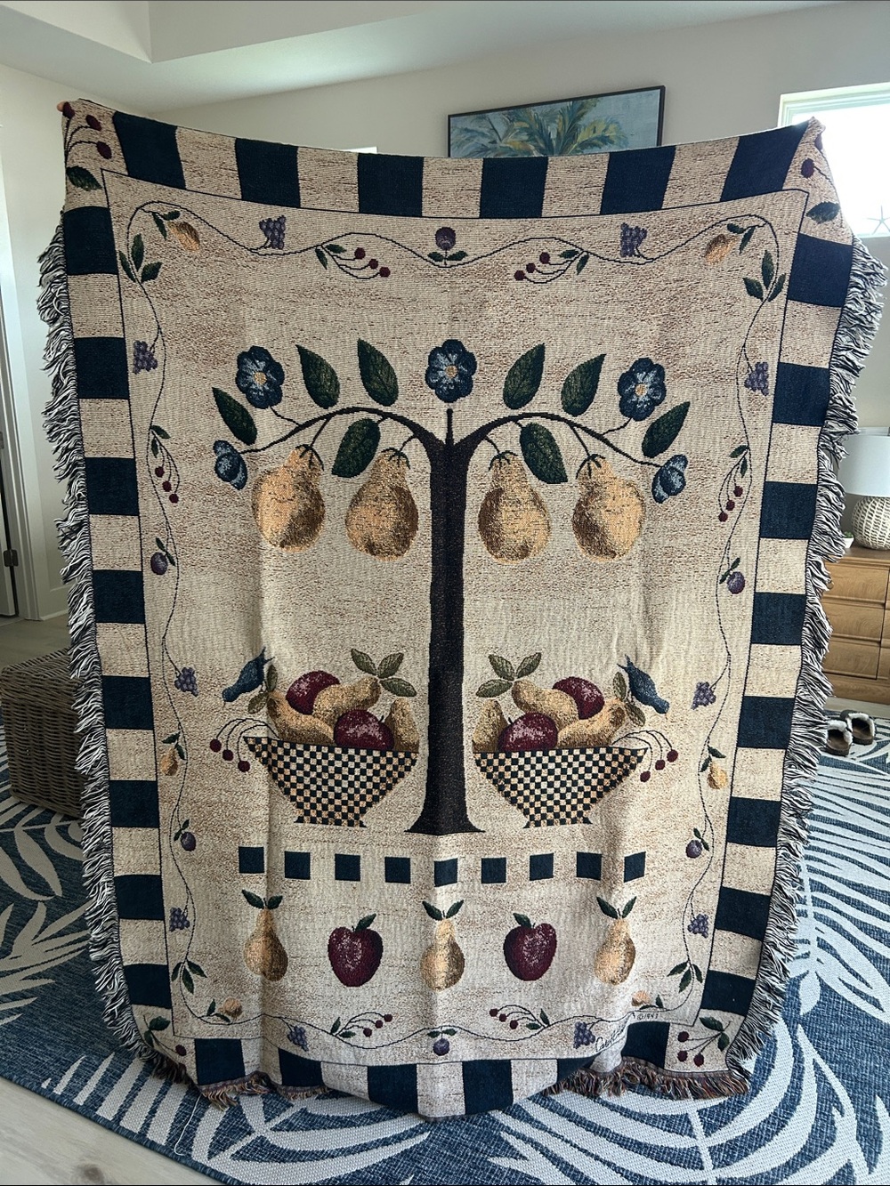 Vintage Fruit Tree Woven Throw Blanket in Cream, Navy & Green